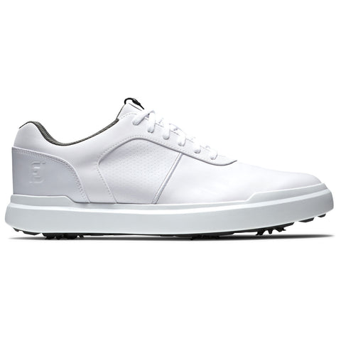 A white golf shoe is displayed with smooth synthetic material and a textured grey lining at the top. It features a simple lacing system and a durable sole with protruding spikes.