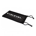 A black pouch labeled EYELEVEL SUNGLASSES is lying flat with drawstrings on each side indicating it is designed for storing sunglasses in a simple and sleek manner.