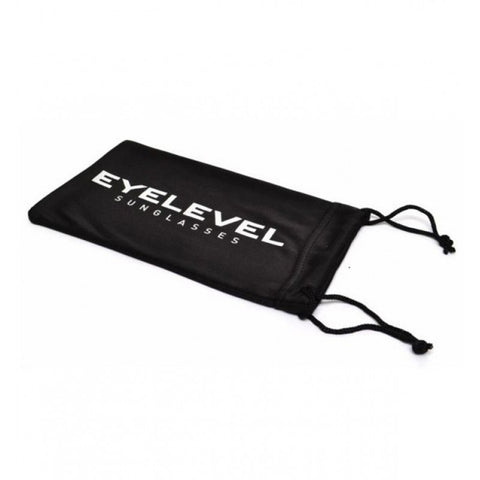 A black pouch labeled EYELEVEL SUNGLASSES is lying flat with drawstrings on each side indicating it is designed for storing sunglasses in a simple and sleek manner.