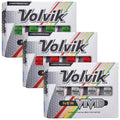 Three boxes of Volvik golf balls are stacked with bright colors including green red and white. The boxes advertise a three-piece premium ball and highlight the new vivid matte finish.