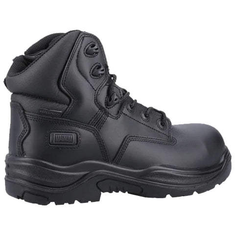 A black waterproof tactical boot features a high ankle, reinforced toe cap, and sturdy lacing system designed for durability and support in rugged environments.