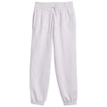 Light gray sweatpants are displayed hanging vertically featuring an elastic waistband with a drawstring side pockets and elastic cuffs at the ankles set against a plain white background