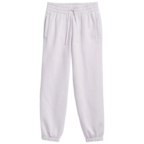 Light gray sweatpants are displayed hanging vertically featuring an elastic waistband with a drawstring side pockets and elastic cuffs at the ankles set against a plain white background