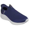 A navy blue slip-on sneaker features a mesh fabric upper with elasticated sides for easy wear resting on a white cushioned sole in a plain backdrop.