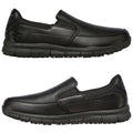 A pair of black slip-on shoes rests horizontally with smooth leather uppers and elastic stretch panels providing comfort and flexibility showcasing a casual yet stylish design suitable for everyday wear.