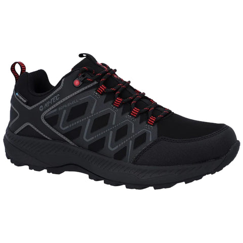 A black and grey athletic shoe with a sturdy design features red laces and textured sole suitable for outdoor activities positioned against a neutral background highlighting its construction and detailing.