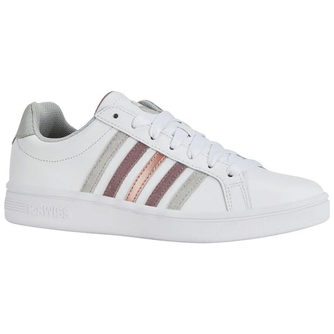 A white athletic shoe features pink and gray stripes on the side with laces threaded through eyelets and a textured sole suitable for casual or sporty environments.