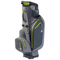 A gray golf bag with yellow accents stands upright featuring multiple compartments and a sturdy base designed to hold golf clubs and accessories in an outdoor or sports context.