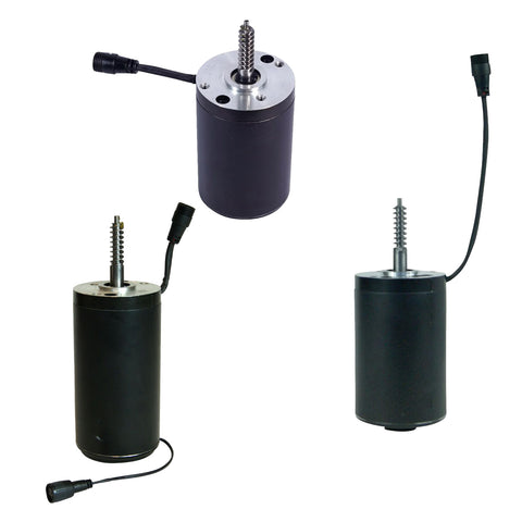 Three cylindrical electric motors are displayed. Each motor has a metal top with a threaded shaft and a black casing. All have a cable connector attached, set against a neutral background.