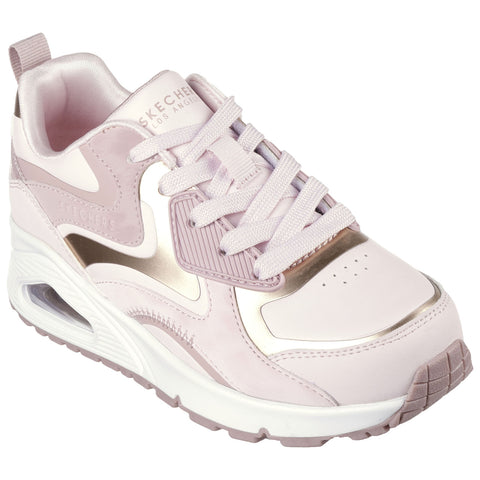 A pink and white sneaker with a rounded toe and textured panels features laces and a cushioned sole designed for comfort and style, set against a plain background.