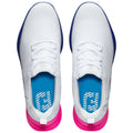 Two athletic shoes are positioned together with white and blue upper sections and bright pink soles showcasing a sleek design with laces and padded insoles set against a plain background.