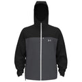 A gray and black hooded jacket is displayed prominently with a front zipper and logo on the left side. It appears to be designed for outdoor activities or sports.