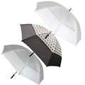 Three umbrellas are displayed in varying designs and colors. One umbrella is solid white, another has a light gray top, and the third features a black section with a floral pattern.