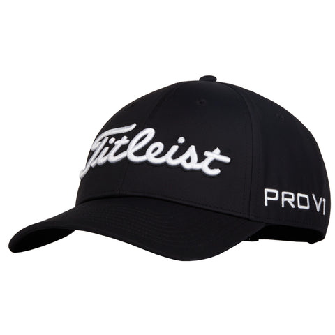 A black baseball cap features a prominent white embroidered logo reading Titleist on the front and PRO V1 on the side, designed for use in golf contexts.