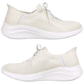 Light-colored athletic shoes with a breathable mesh upper and white soles are displayed from two angles emphasizing their slip-on design and textured heel section in a neutral setting.