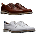 Two pairs of golf shoes are displayed with the top pair in rich brown leather and the bottom pair in white leather featuring laces and cleated soles in a neutral background.