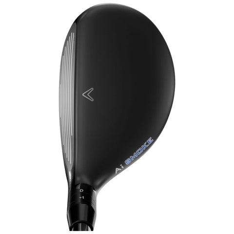 A glossy black golf club head is oriented upward showcasing its smooth surface and alignments with markings for adjustments and branding labeled A: SMOKE in blue against the sleek design.