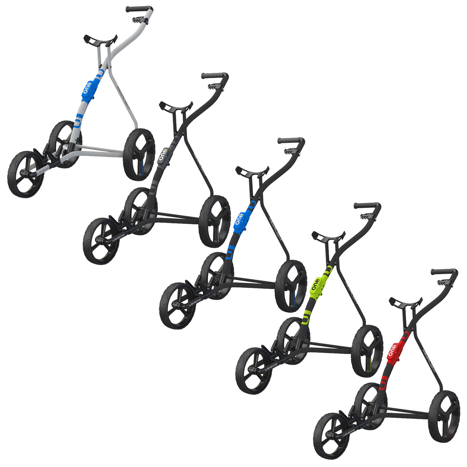 Four golf push carts are arranged in a line showcasing different colors including gray black blue green and red each with large wheels and ergonomic handles designed for easy mobility on the course