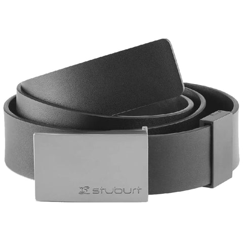 A black leather belt with a silver rectangular buckle is coiled neatly. The polished buckle features a logo, providing a simple and stylish accessory for clothing.