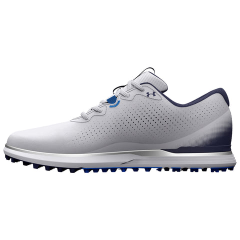 A gray sneaker with a white sole features blue accents and a textured upper with perforations for breathability designed for sports or outdoor activities on various surfaces.