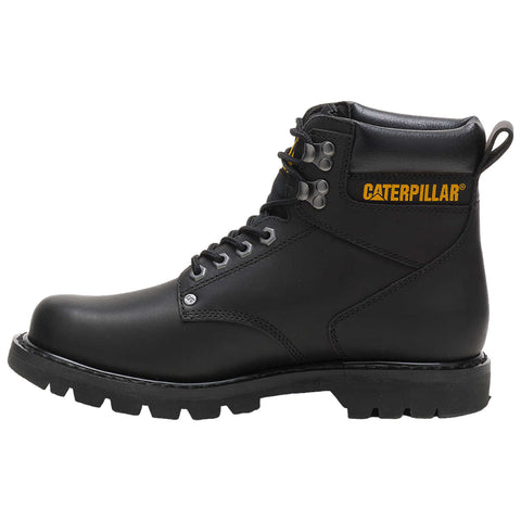 A black leather work boot features laces and metal eyelets with a rugged, deep-tread sole designed for durability and traction in challenging environments. The brand name is visibly displayed.