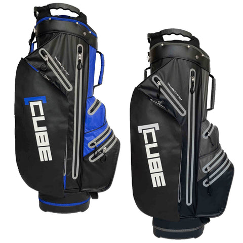 Two golf bags stand side by side featuring black and blue colors with large zippers pockets and the word CUBE prominently displayed on their sides. The bags are designed for carrying golf clubs.