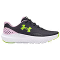 A black athletic shoe with pink and green accents showcases a mesh upper and thick white sole designed for comfort and performance in sports or casual activities.