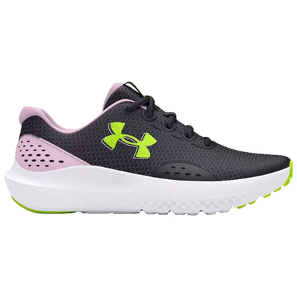 A black athletic shoe with pink and green accents showcases a mesh upper and thick white sole designed for comfort and performance in sports or casual activities.