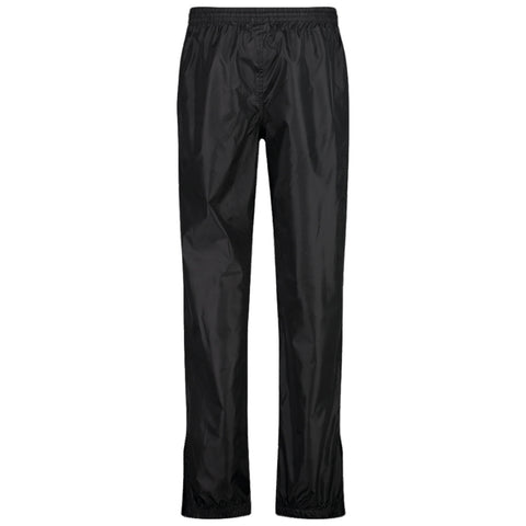 Black pants hang vertically showcasing a sleek shiny fabric designed for outdoor use with an elastic waistband providing comfort suitable for various weather conditions