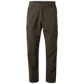 Khaki cargo pants with multiple pockets are displayed standing upright they feature a button closure and a relaxed fit suitable for outdoor activities or casual wear.