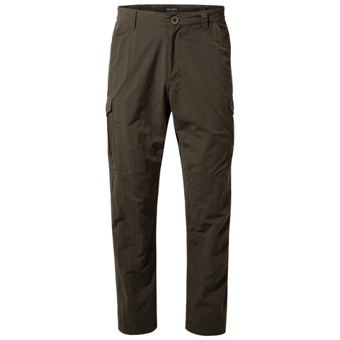 Khaki cargo pants with multiple pockets are displayed standing upright they feature a button closure and a relaxed fit suitable for outdoor activities or casual wear.