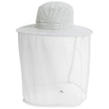 A light-colored bucket hat with a wide brim is combined with a breathable mesh netting that extends downward creating a protective barrier likely for outdoor use against insects in nature settings.