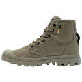 A military-style boot with a durable olive green canvas upper features a lugged rubber sole and a padded collar for support and comfort in outdoor environments.