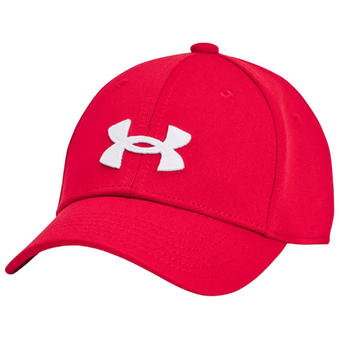 A red baseball cap featuring a prominent white Under Armour logo is displayed at an angle showcasing its structured crown and curved visor against a neutral background.