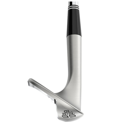 A golf club head is shown positioned at an angle with a metallic finish its grooved face indicates precision while the context suggests it is designed for striking a golf ball.