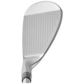 A golf club head with a shiny metallic finish features a flat face and grooves for gripping the ball positioned against a white background, emphasizing its design for precision striking.