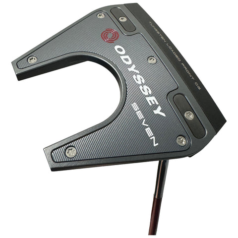 A golf putter is positioned at an angle showing its distinctive wide head design metallic finish and branding features including the word Odyssey and the number Seven with precision detailing on its surface.