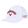 A white golf cap features the brand name Callaway prominently stitched in red on the front with a logo symbol while the side displays the text CHROME TOUR