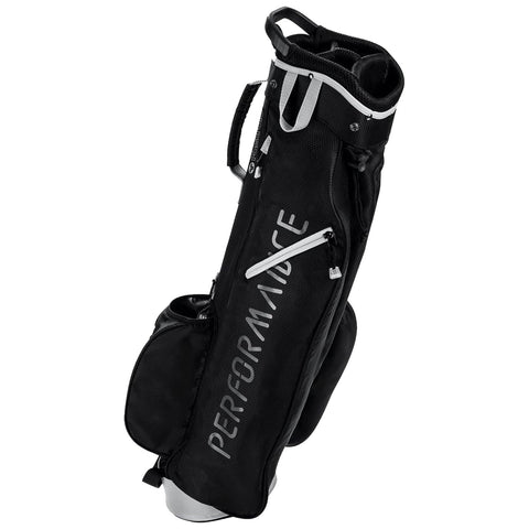 A tall black golf bag stands upright displaying a modern design with a prominent white logo reading PERFORMANCE several zippered compartments are visible on the bag for storing golf equipment