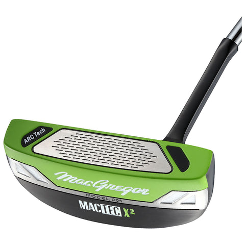 A golf putter featuring a sleek green and silver design positioned horizontally with its face upward showing grooves for improved ball control in a golfing environment.