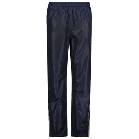 Dark waterproof pants hang vertically with an elastic waistband and gathered cuffs at the ankles designed for outdoor protection in wet conditions displayed against a neutral background