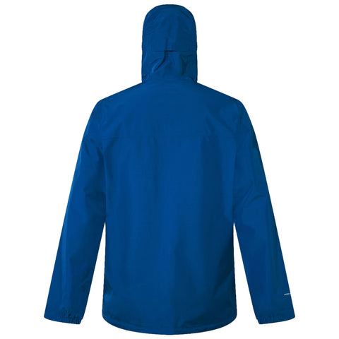 A blue rain jacket is displayed upright showing its back side with a hood and loose sleeves suggesting waterproof functionality designed for outdoor wear.