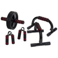 A set of black and red fitness equipment including an ab roller push-up bars and resistance bands arranged together on a plain background for strength training and exercise.