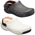 Two pairs of clogs are shown one in dark gray and the other in white both featuring a back strap and a textured surface suitable for casual or work environments