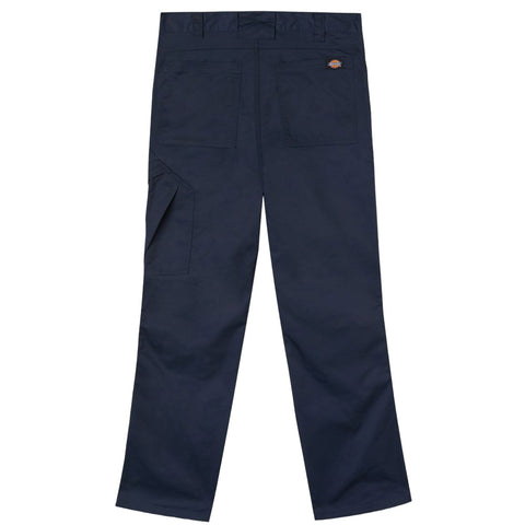 Navy blue work pants are displayed flat with pockets on the back and a side pocket on the left thigh showcasing a durable fabric suited for labor-intensive activities