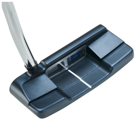 A golf putter rests on a flat surface showcasing its sleek black head and a shiny chrome shaft the design includes alignment markings for precise aiming during a putt.