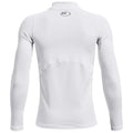 A long-sleeved white athletic shirt is displayed hanging vertically showcasing a fitted design and a mesh panel on the lower back with a logo at the neckline.