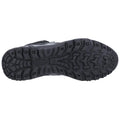 A black textured shoe sole is presented showing deep treads designed for traction providing stability and grip on various surfaces suitable for outdoor activities