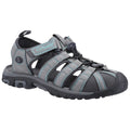 A gray outdoor sandal with black and turquoise accents features adjustable straps and a quick-lacing system designed for comfort during water activities and casual outdoor use.