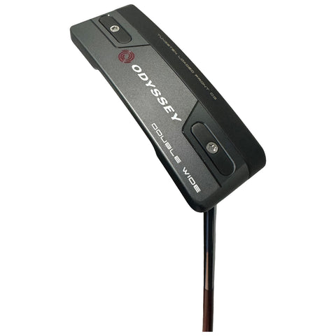 A golf putter with a wide head design is positioned vertically showing its brand name Odyssey and model Double Wide with silver accents against a plain background.